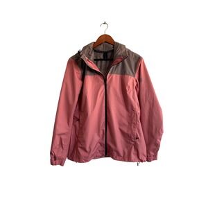 Adidas Womens Hooded Windbreaker Jacket Pink Grey Lightweight Full Zip Size L‎